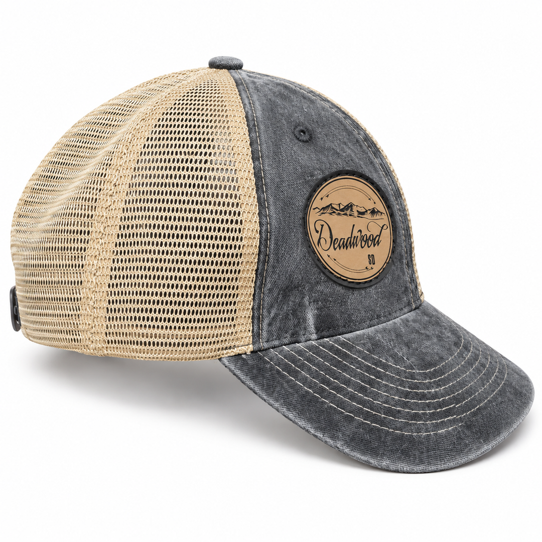 Deadwood Mountain Badge Leather Patch Trucker Hat – Washed Charcoal &amp; Tan; right product view