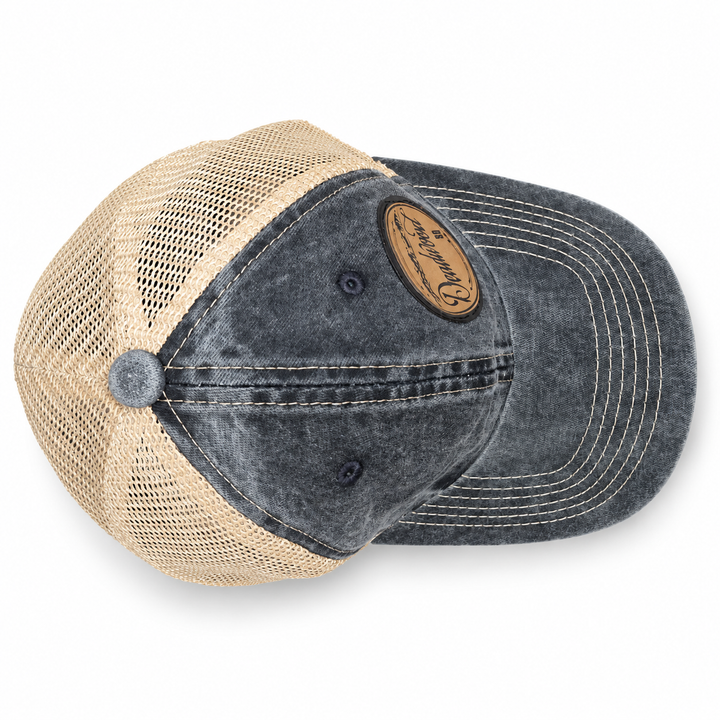Deadwood Mountain Badge Leather Patch Trucker Hat – Washed Charcoal &amp; Tan; top product view
