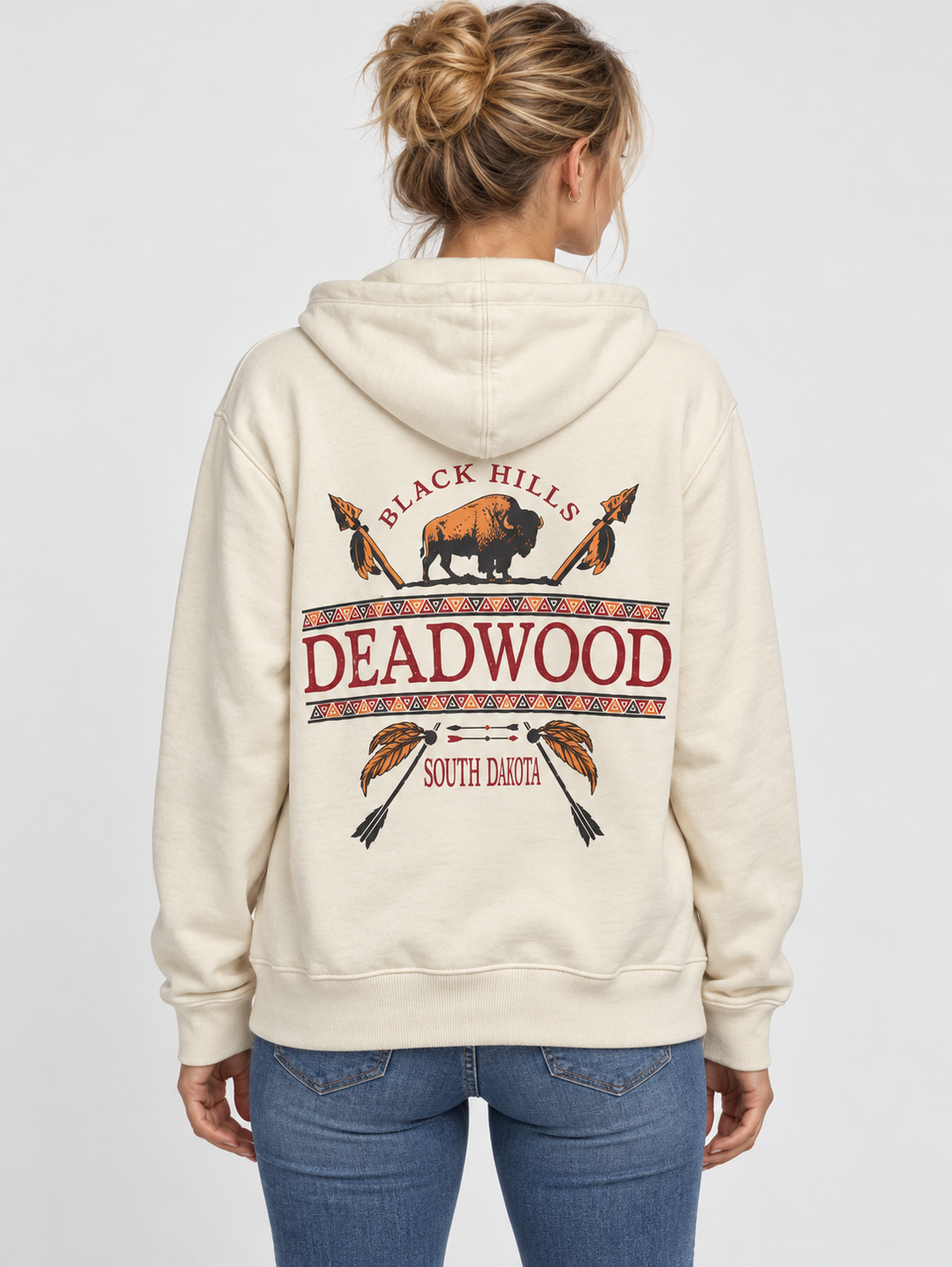 Deadwood Native Bow off-white zip-up hoodie — female back view