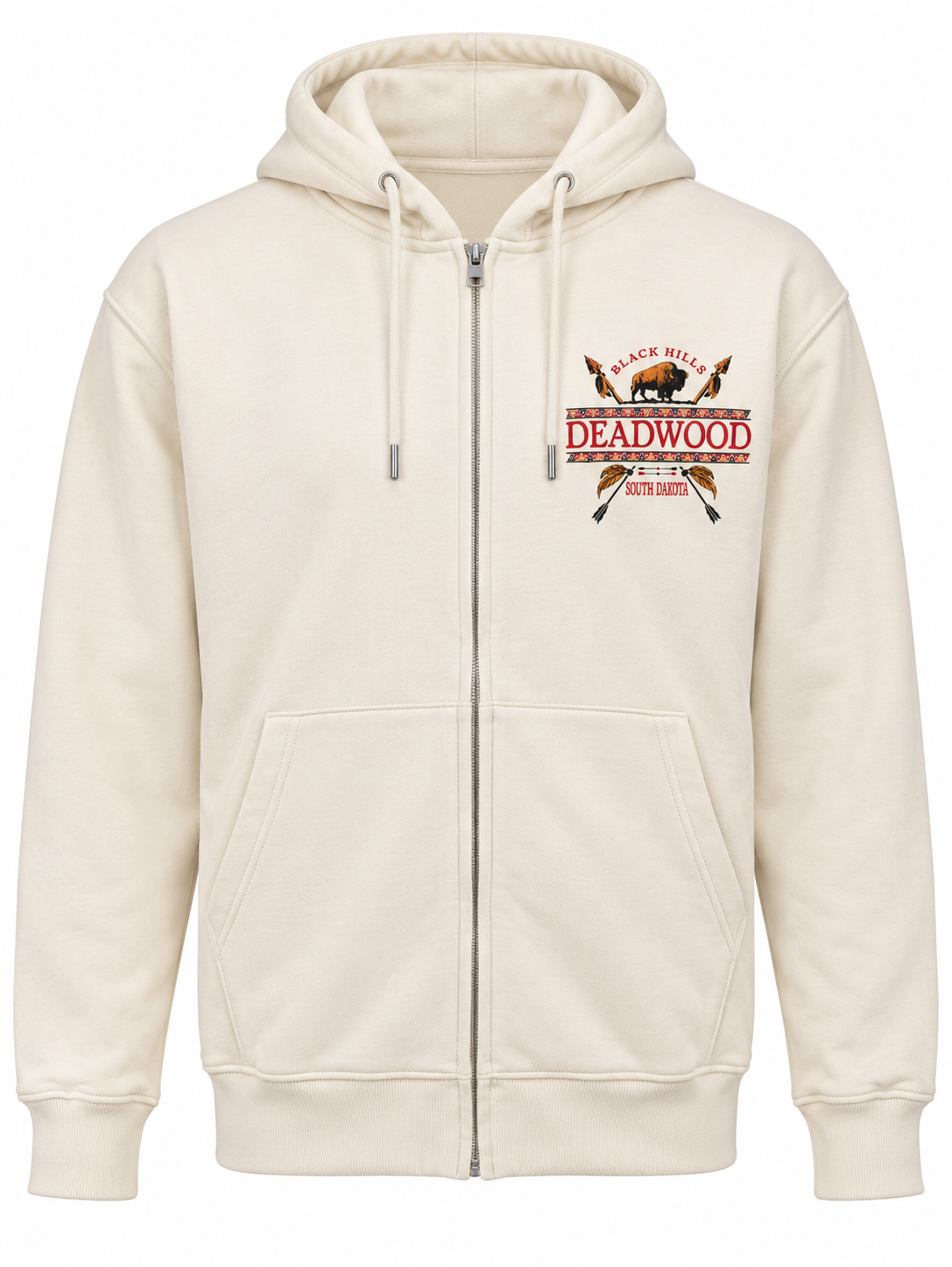 Deadwood Native Bow off-white zip-up hoodie — front view