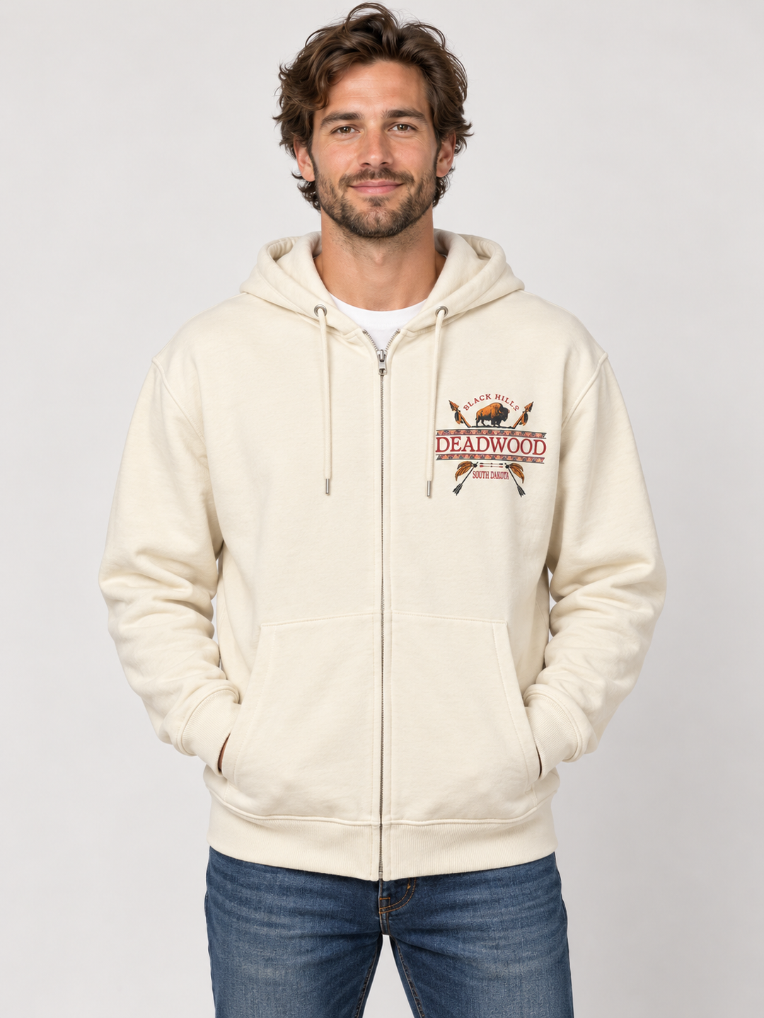 Deadwood Native Bow off-white zip-up hoodie — male front view