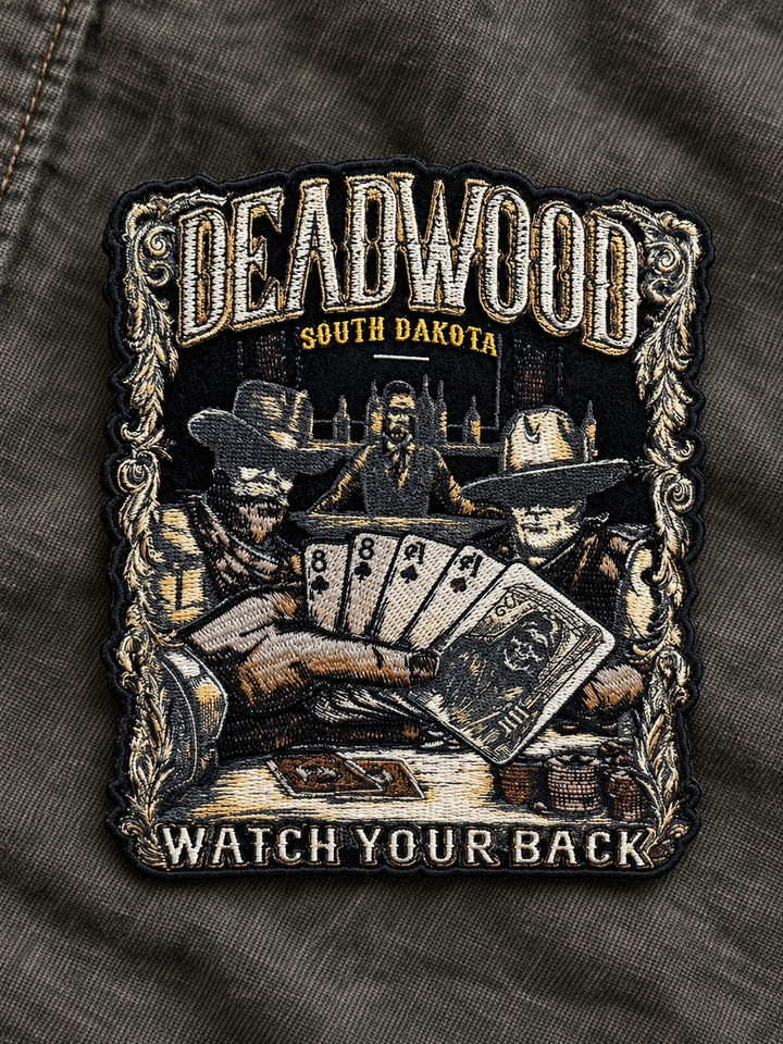 Deadwood Watch Your Back Embroidered Patch — on dark fabric