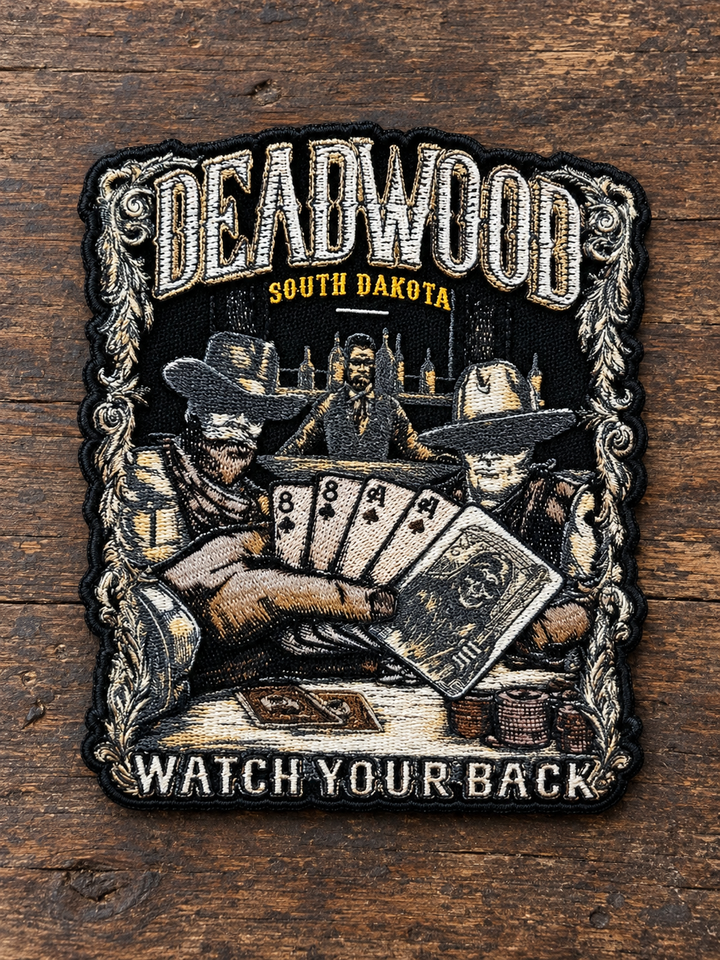 Deadwood Watch Your Back Embroidered Patch — on weathered wood
