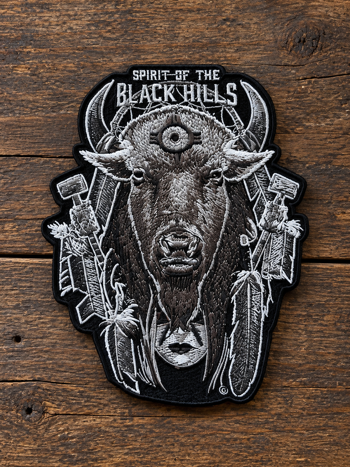 Spirit of the Black Hills Bison Embroidered Patch — on weathered wood
