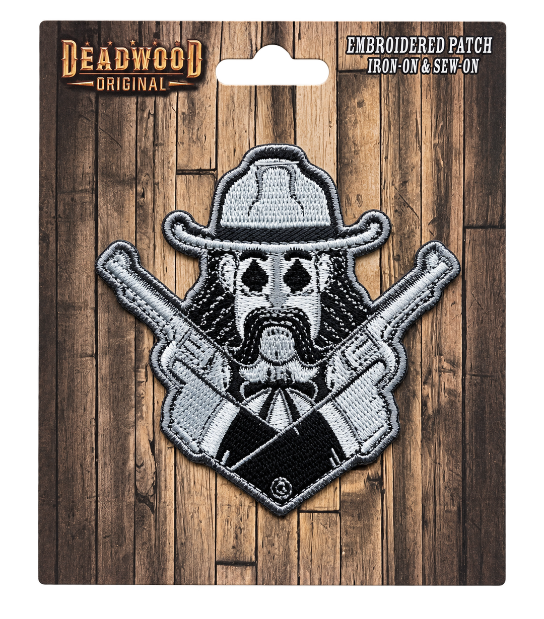 Western Cowboy Skull &amp; Crossed Revolvers Embroidered Patch — Deadwood Original card, transparent background