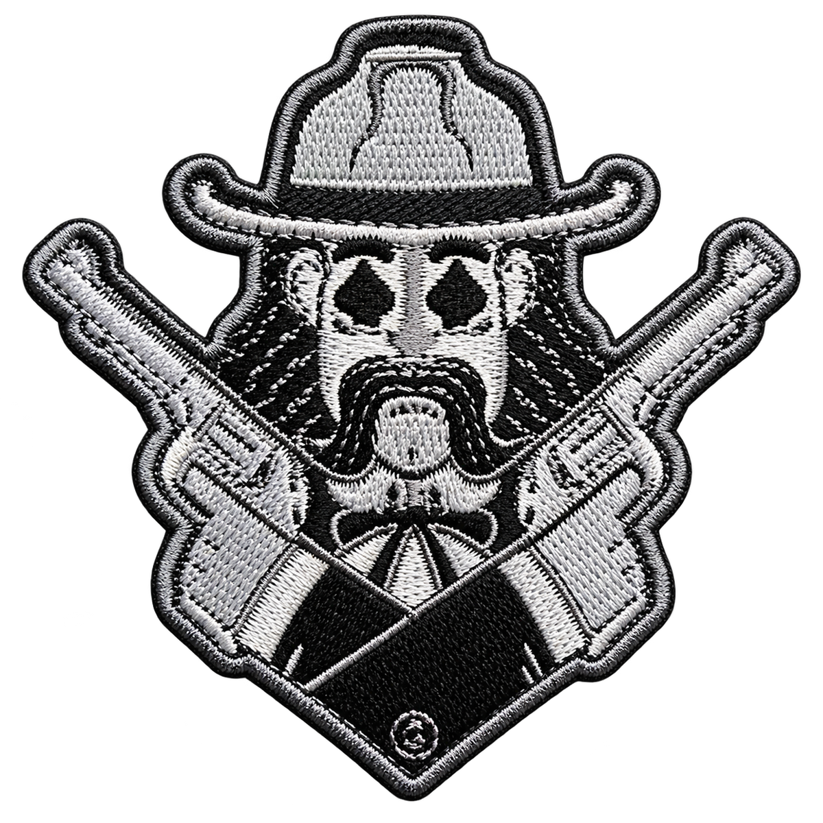 Western Cowboy Skull & Crossed Revolvers Embroidered Patch — patch alone, transparent background