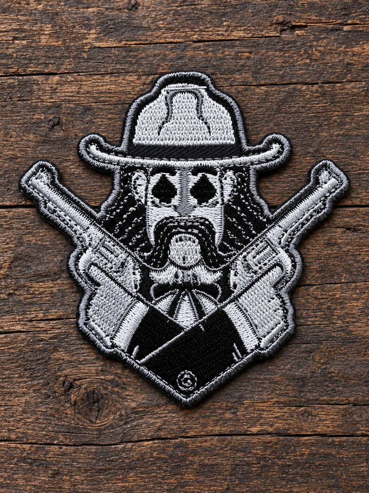 Western Cowboy Skull &amp; Crossed Revolvers Embroidered Patch — on weathered wood