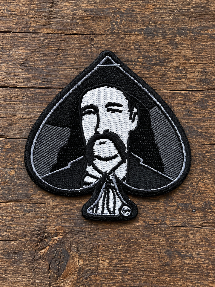 Wild Bill Hickok Spade Portrait Embroidered Patch — on weathered wood