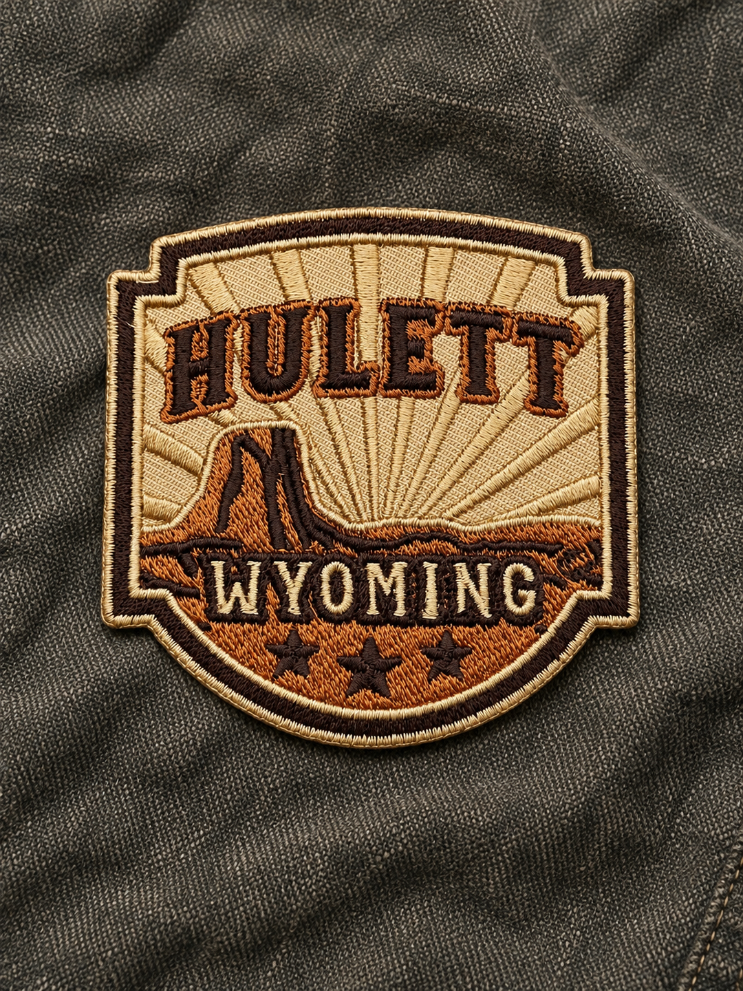 Hulett Wyoming Western Shield Embroidered Patch — on dark fabric