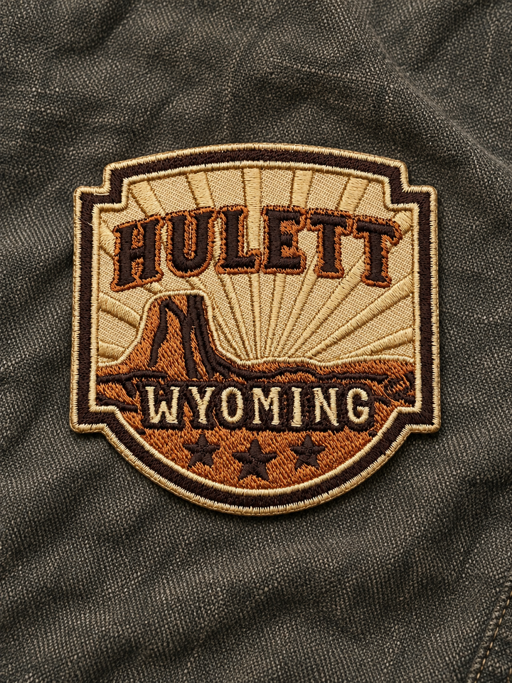 Hulett Wyoming Western Shield Embroidered Patch — on dark fabric