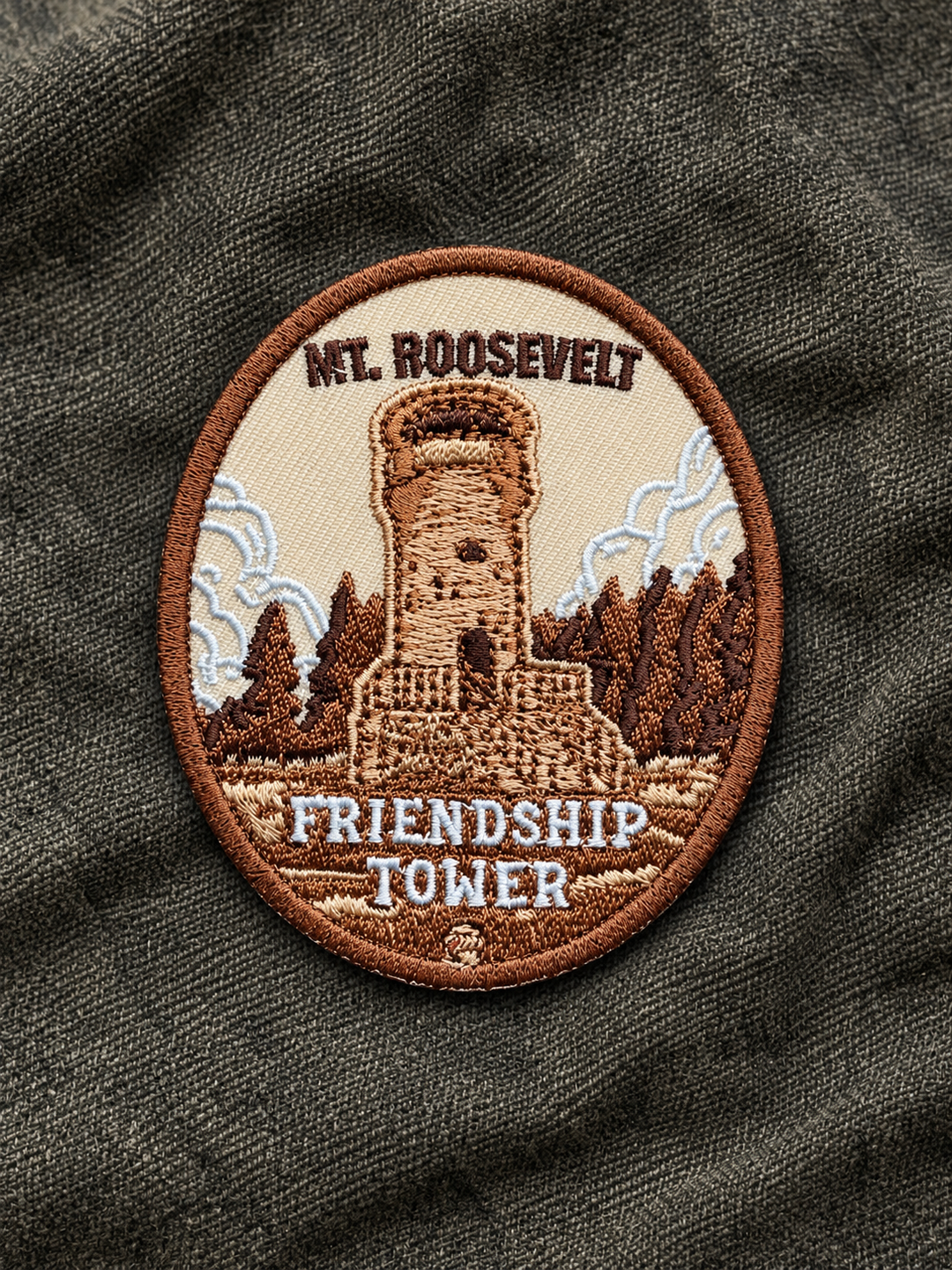 Mount Roosevelt Friendship Tower Embroidered Patch — on dark fabric