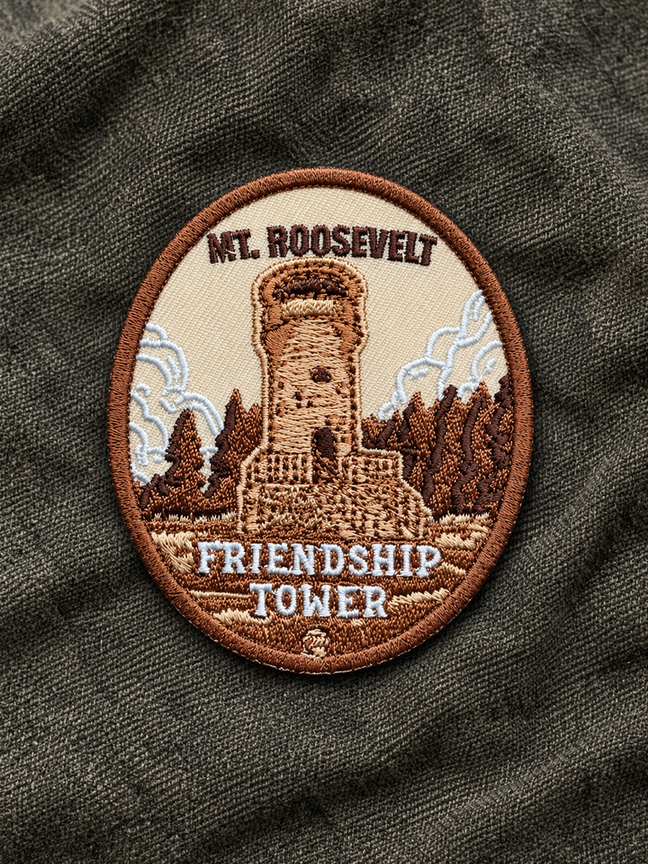 Mount Roosevelt Friendship Tower Embroidered Patch — on dark fabric