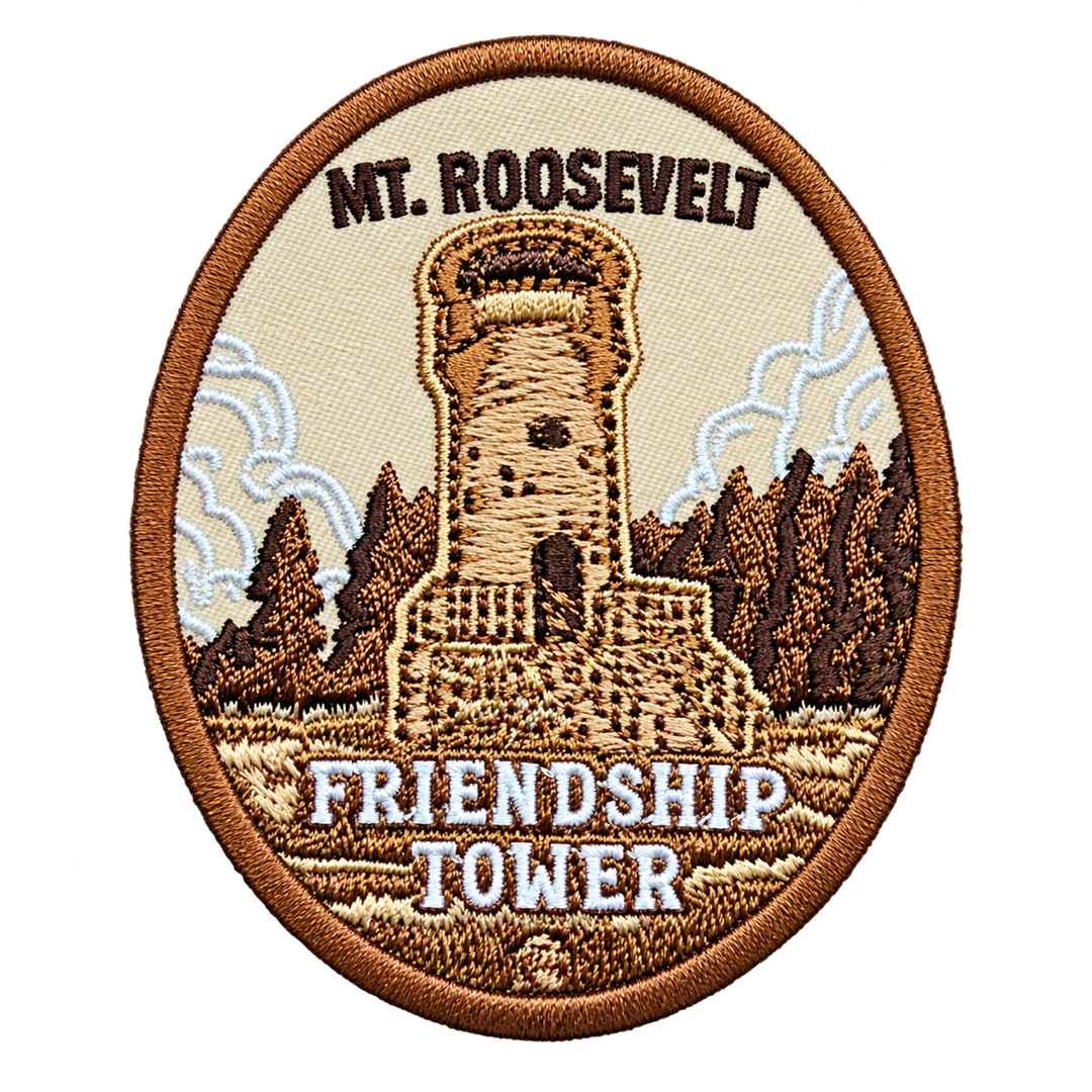 Mount Roosevelt Friendship Tower Embroidered Patch — patch alone, transparent background