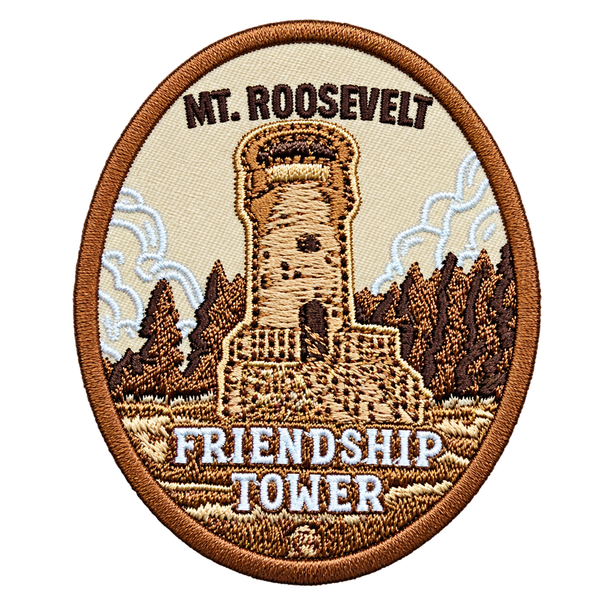 Mount Roosevelt Friendship Tower Embroidered Patch — patch alone, transparent background
