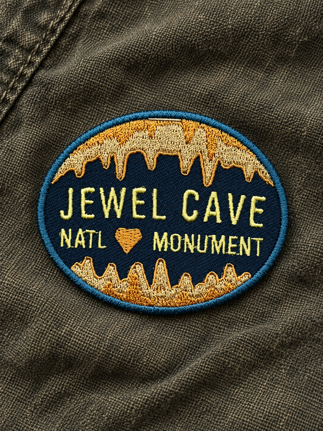 Jewel Cave National Monument Embroidered Patch — on dark fabric