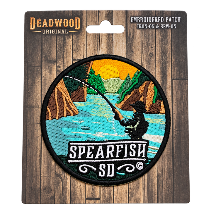 Spearfish South Dakota Fishing Embroidered Patch — Deadwood Original card, transparent background