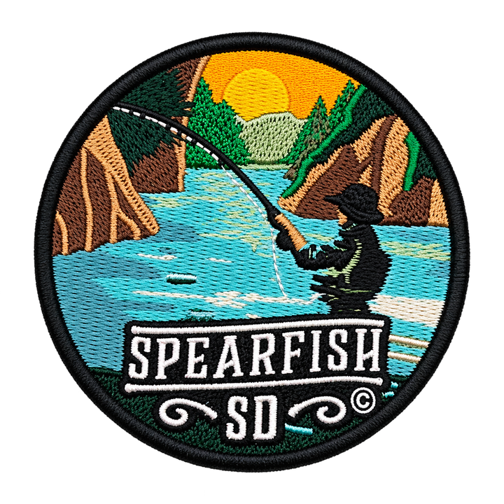 Spearfish South Dakota Fishing Embroidered Patch — patch alone, transparent background