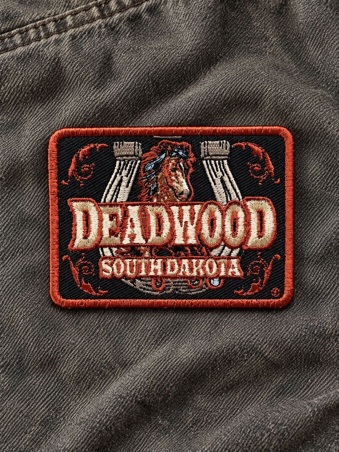 Deadwood Horse &amp; Horseshoe Embroidered Patch — on dark fabric