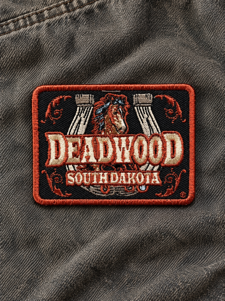 Deadwood Horse &amp; Horseshoe Embroidered Patch — on dark fabric