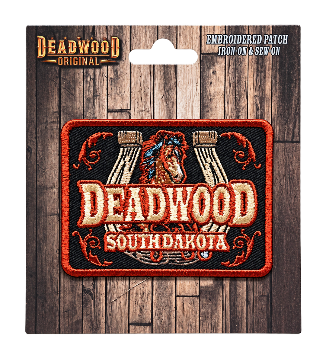Deadwood Horse &amp; Horseshoe Embroidered Patch — Deadwood Original card, transparent background