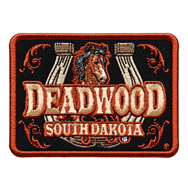 Deadwood Horse &amp; Horseshoe Embroidered Patch — patch alone, transparent background