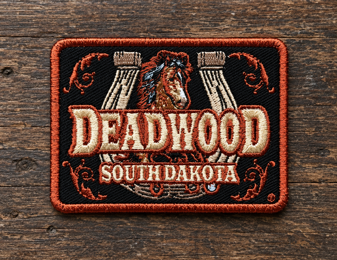 Deadwood Horse &amp; Horseshoe Embroidered Patch — on weathered wood