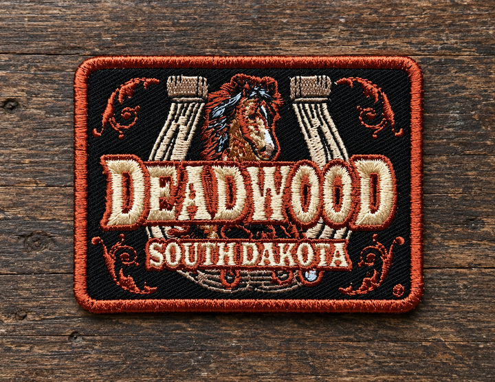 Deadwood Horse &amp; Horseshoe Embroidered Patch — on weathered wood