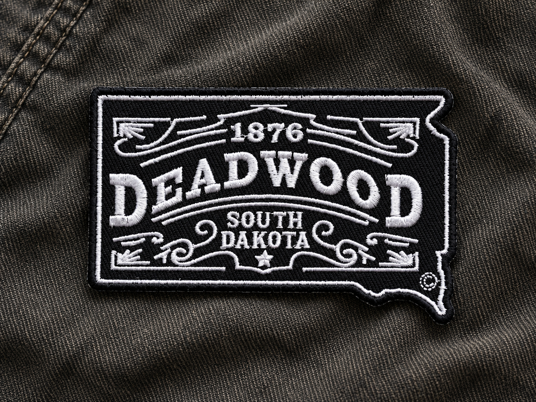 Deadwood 1876 South Dakota Vintage Sign Embroidered Patch — on dark fabric