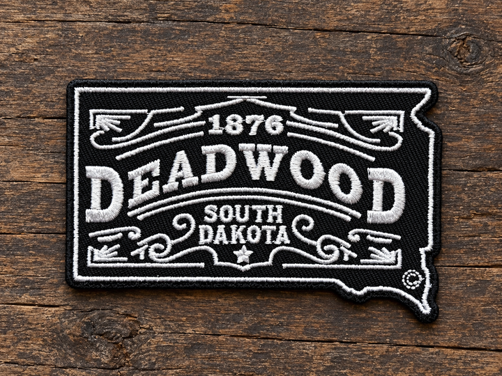 Deadwood 1876 South Dakota Vintage Sign Embroidered Patch — on weathered wood