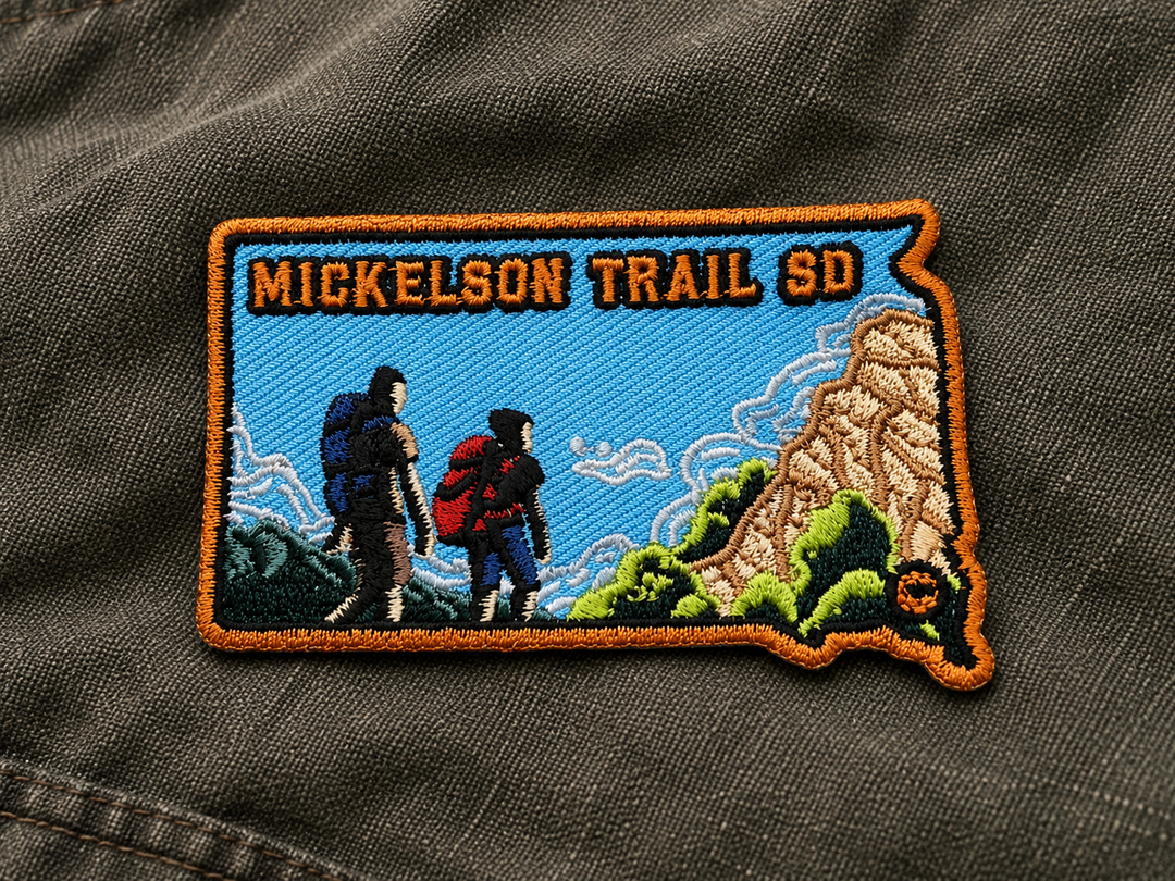Mickelson Trail South Dakota Hiking Embroidered Patch — on dark fabric