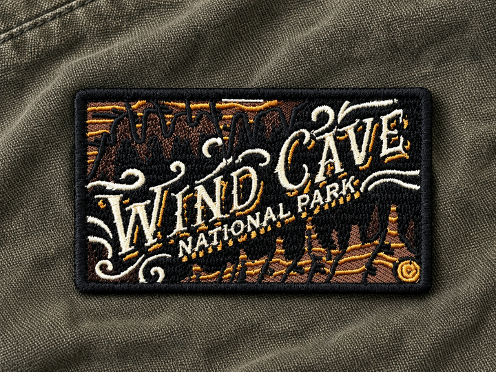 Wind Cave National Park Embroidered Patch — on dark fabric