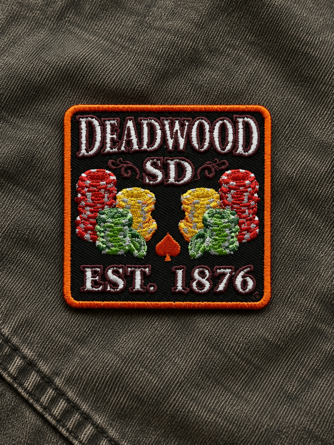 Deadwood Poker Chips Established 1876 Embroidered Patch — on dark fabric