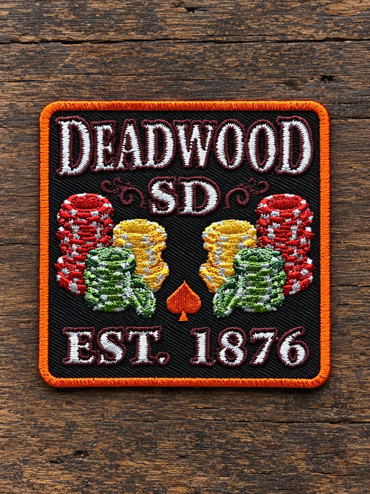 Deadwood Poker Chips Established 1876 Embroidered Patch — on weathered wood