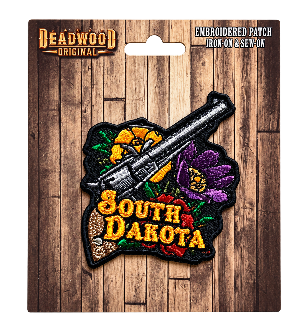 South Dakota Western Revolver &amp; Flowers Embroidered Patch — Deadwood Original card, transparent background