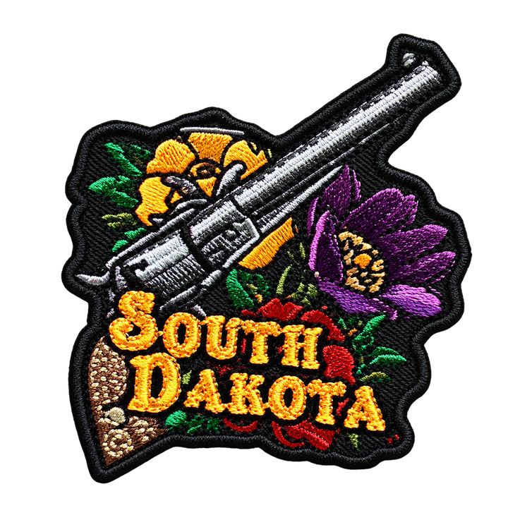 South Dakota Western Revolver &amp; Flowers Embroidered Patch — patch alone, transparent background
