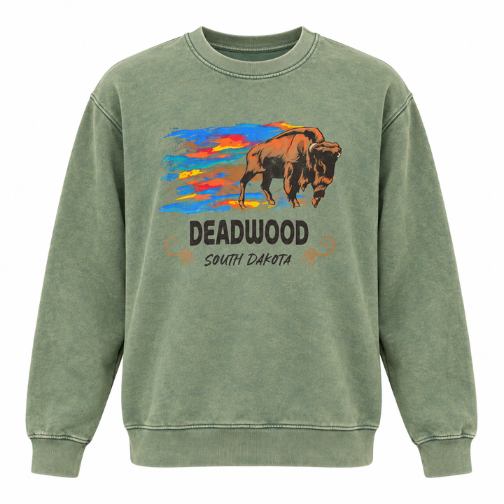 Washed green Deadwood Painted Buffalo crewneck sweatshirt, colorful bison front graphic