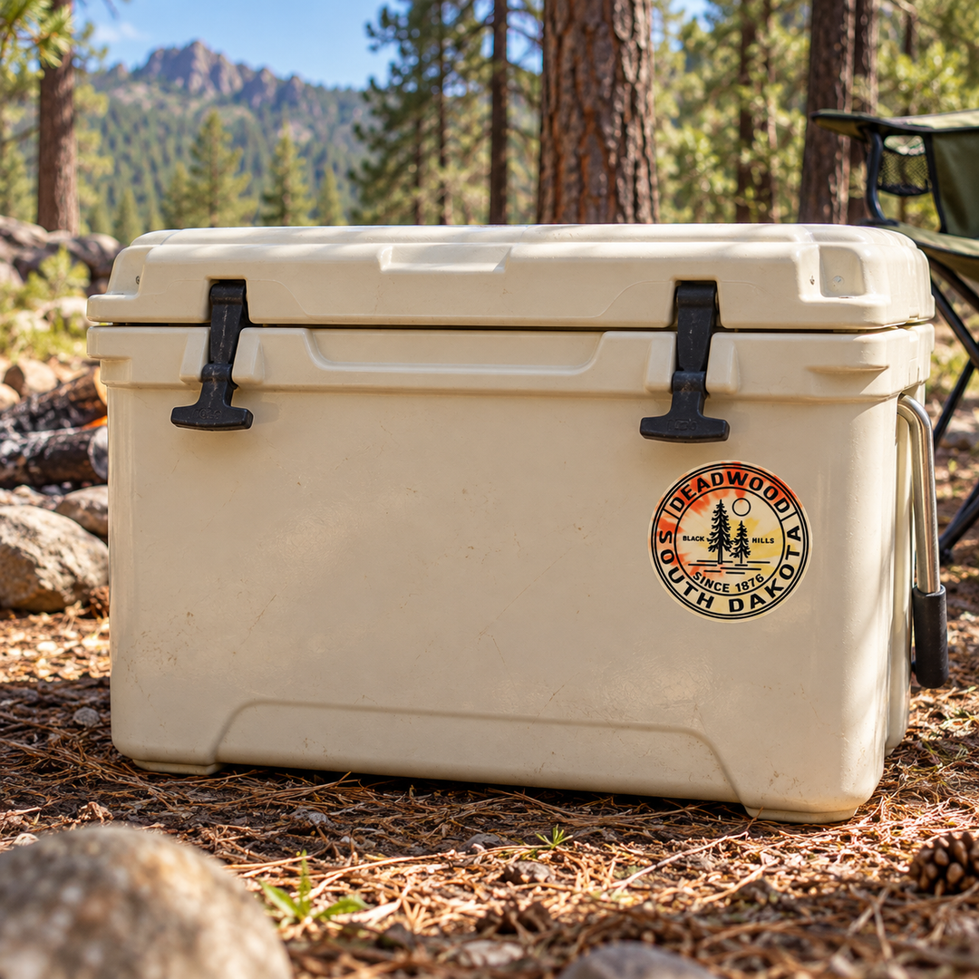 Deadwood Pine Trees Heritage Round Sticker on a camping cooler — realistic scale lifestyle display; accessories not included