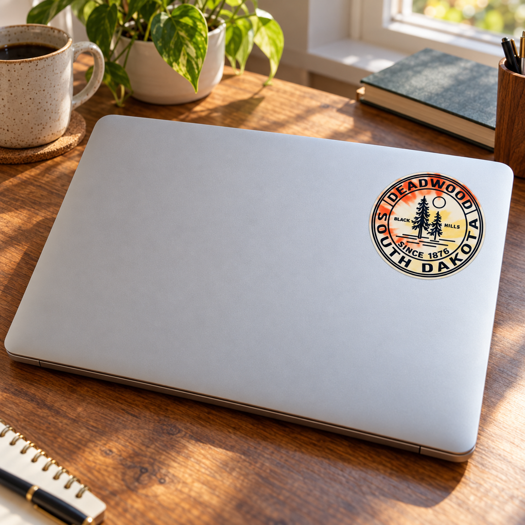 Deadwood Pine Trees Heritage Round Sticker on a laptop cover — realistic scale lifestyle display; accessories not included