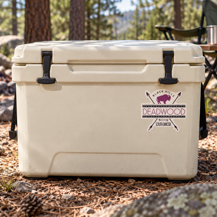 Deadwood Purple Bison &amp; Crossed Arrows Sticker on a camping cooler — realistic scale lifestyle display; accessories not included