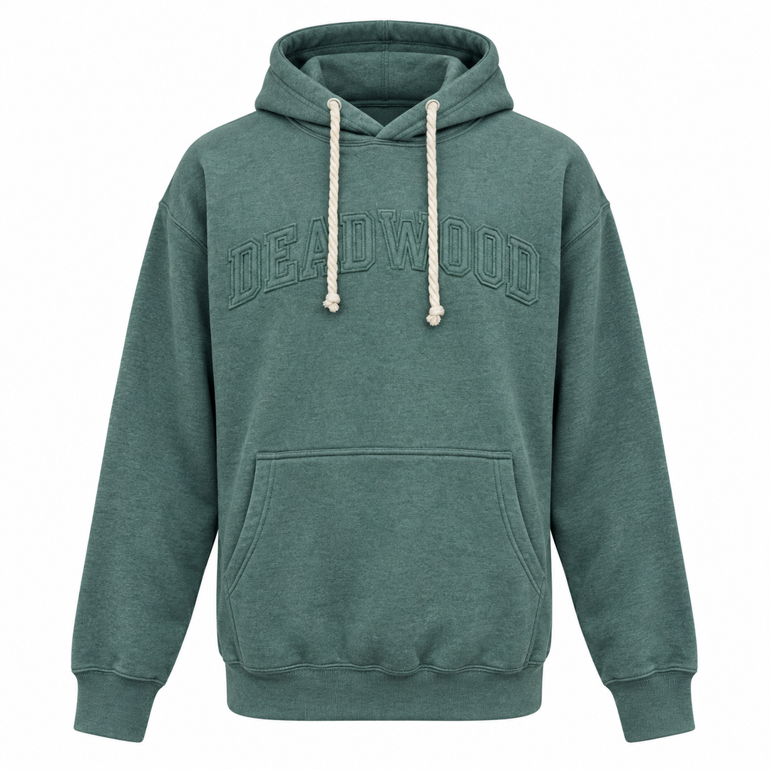 Green Deadwood hoodie with tonal raised appliqué lettering and cream rope drawstrings, front