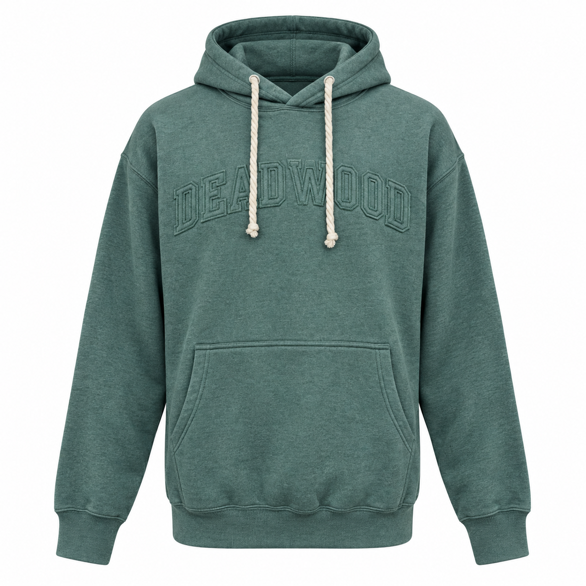 Green Deadwood hoodie with tonal raised appliqué lettering and cream rope drawstrings, front