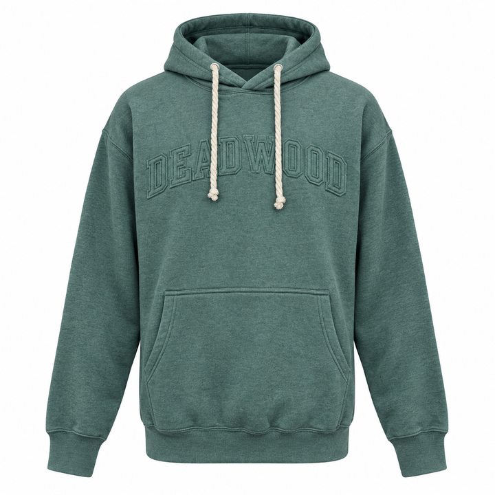 Green Deadwood hoodie with tonal raised appliqué lettering and cream rope drawstrings, front