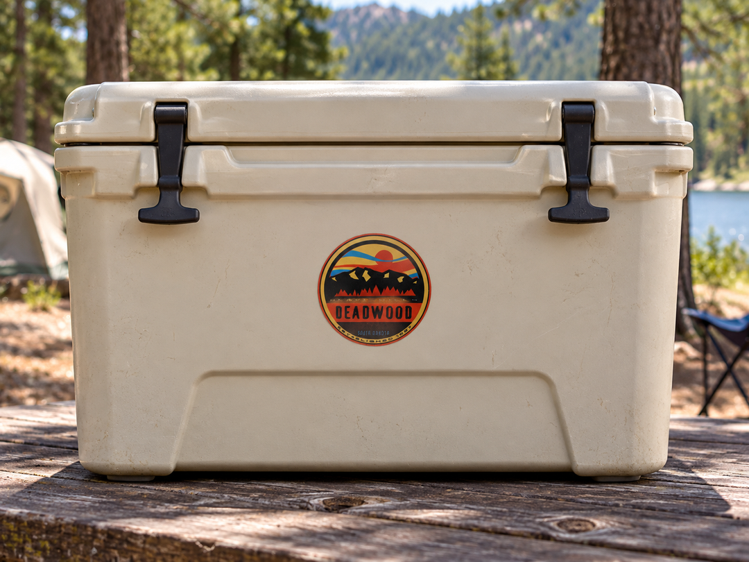 Deadwood Retro Mountain Sunrise Round Sticker on a camping cooler at realistic scale