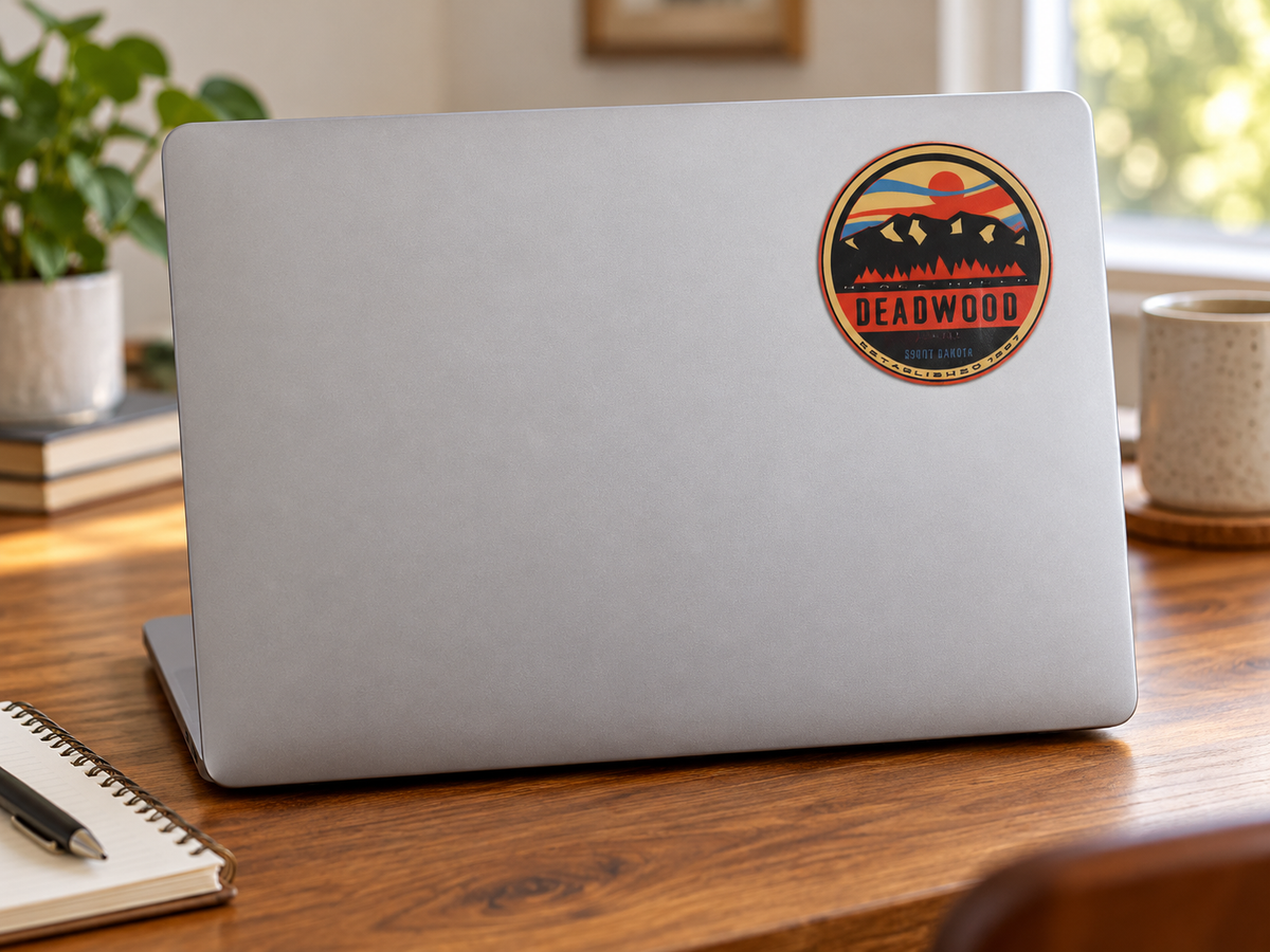 Deadwood Retro Mountain Sunrise Round Sticker on a laptop cover at realistic scale