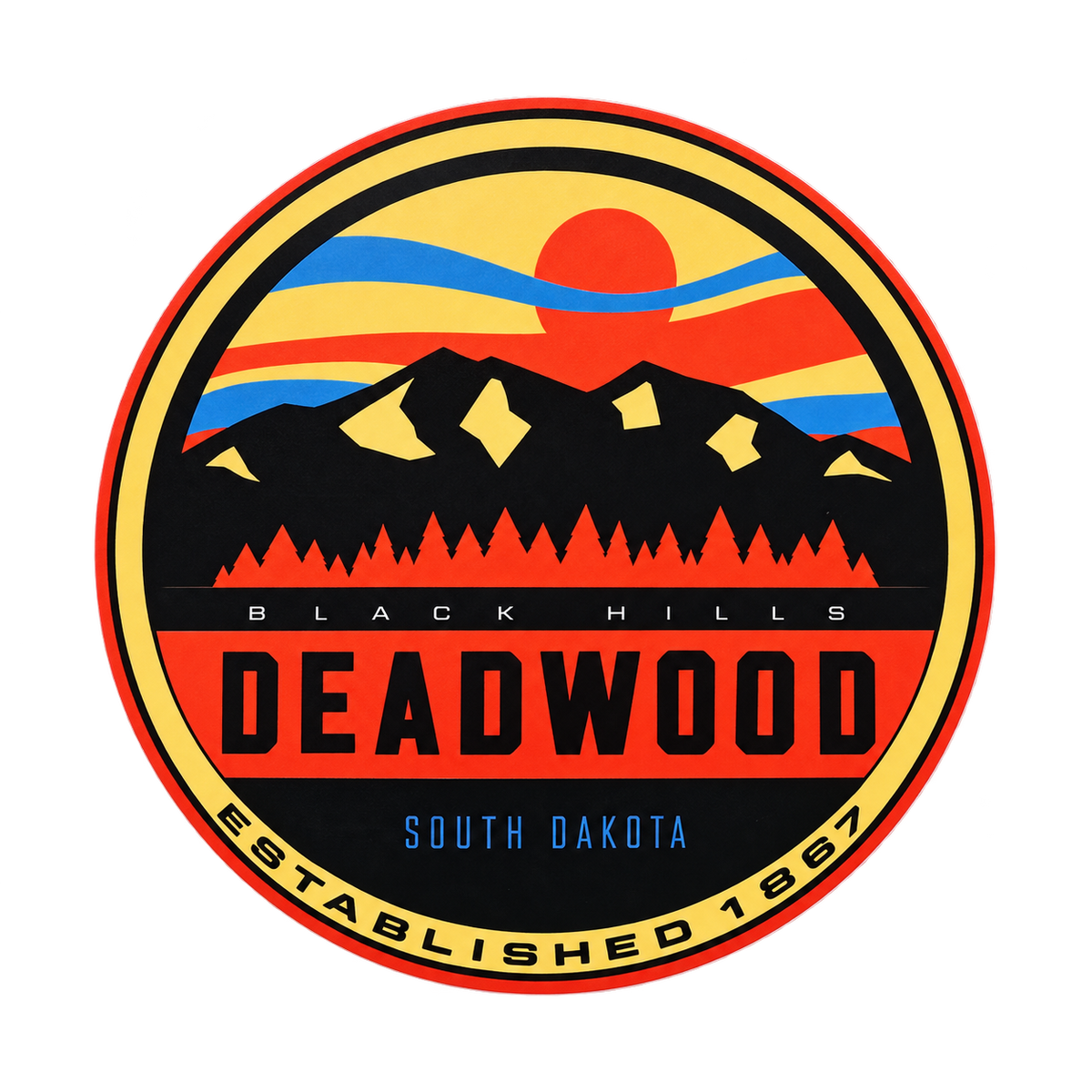 Deadwood Retro Mountain Sunrise Round Sticker — isolated product view
