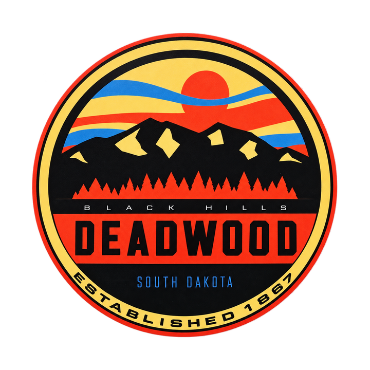 Deadwood Retro Mountain Sunrise Round Sticker — isolated product view