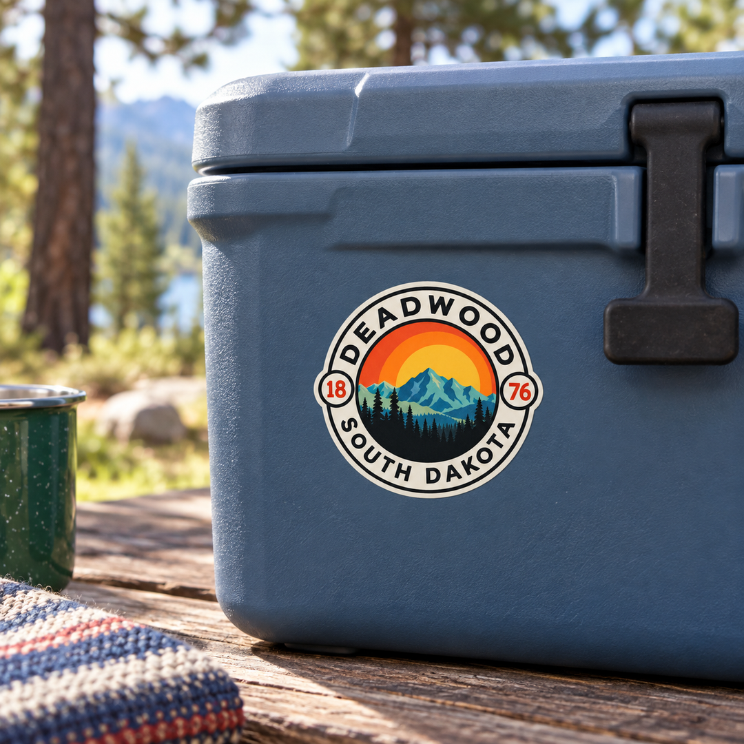 Deadwood Retro Mountain Sunset Sticker shown on a cooler — lifestyle mockup