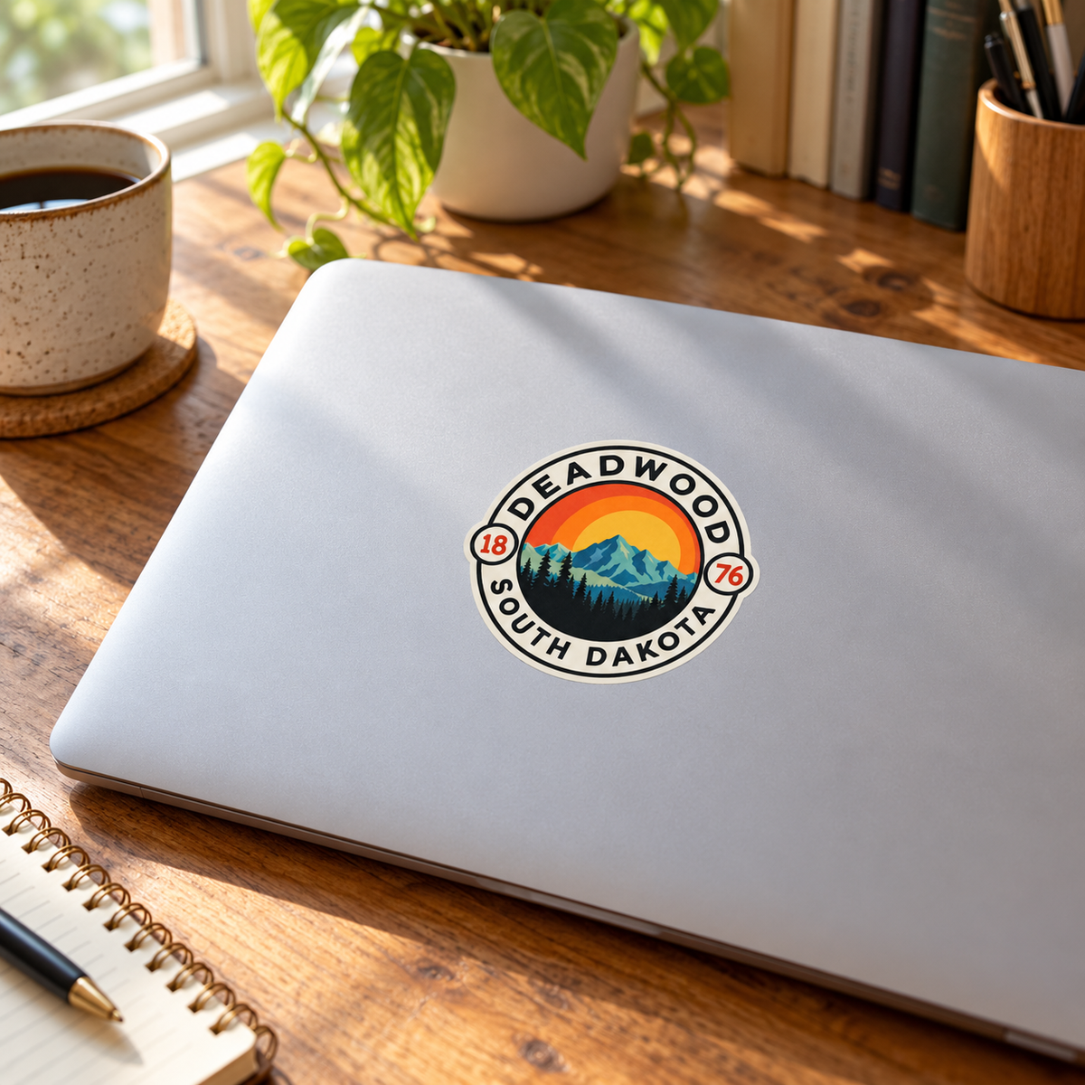 Deadwood Retro Mountain Sunset Sticker shown on a laptop — lifestyle mockup