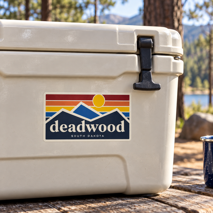 Deadwood Retro Stripe Mountain Decal on a cooler — lifestyle mockup