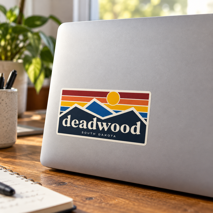 Deadwood Retro Stripe Mountain Decal on a laptop — lifestyle mockup